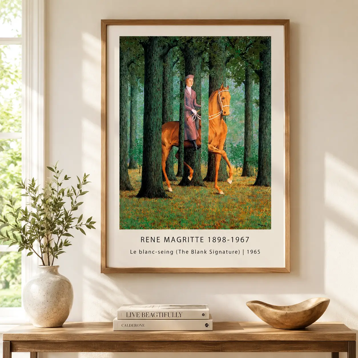 Room mockup of Blank Signature Print, Magritte Horse Forest Wall Art Print, displayed as framed wall art in a bedroom setting as a portrait print with pink tones.