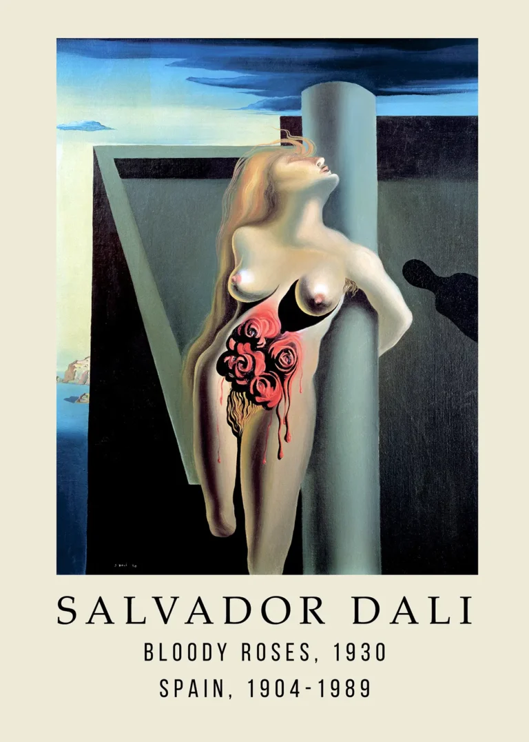 Salvador Dali Bloody Roses — surreal fine art print of a nude figure leaning against a stone pillar