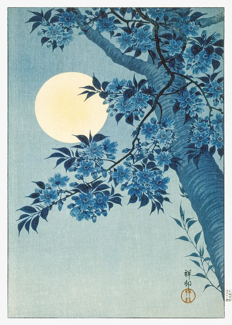 Moonlit Blossoming Cherry Woodblock — this woodblock print features a large, pale moon glowing behind