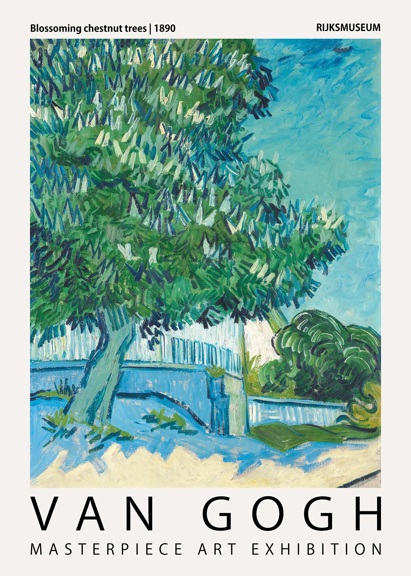 Classic Van Gogh Chestnut Trees - 1890 Post-Impressionist Wall Art Van Gogh Chestnut Trees Exhibition Poster Featuring A Blooming Tree With Heavy Brushstrokes And A Swirling Blue Sky.