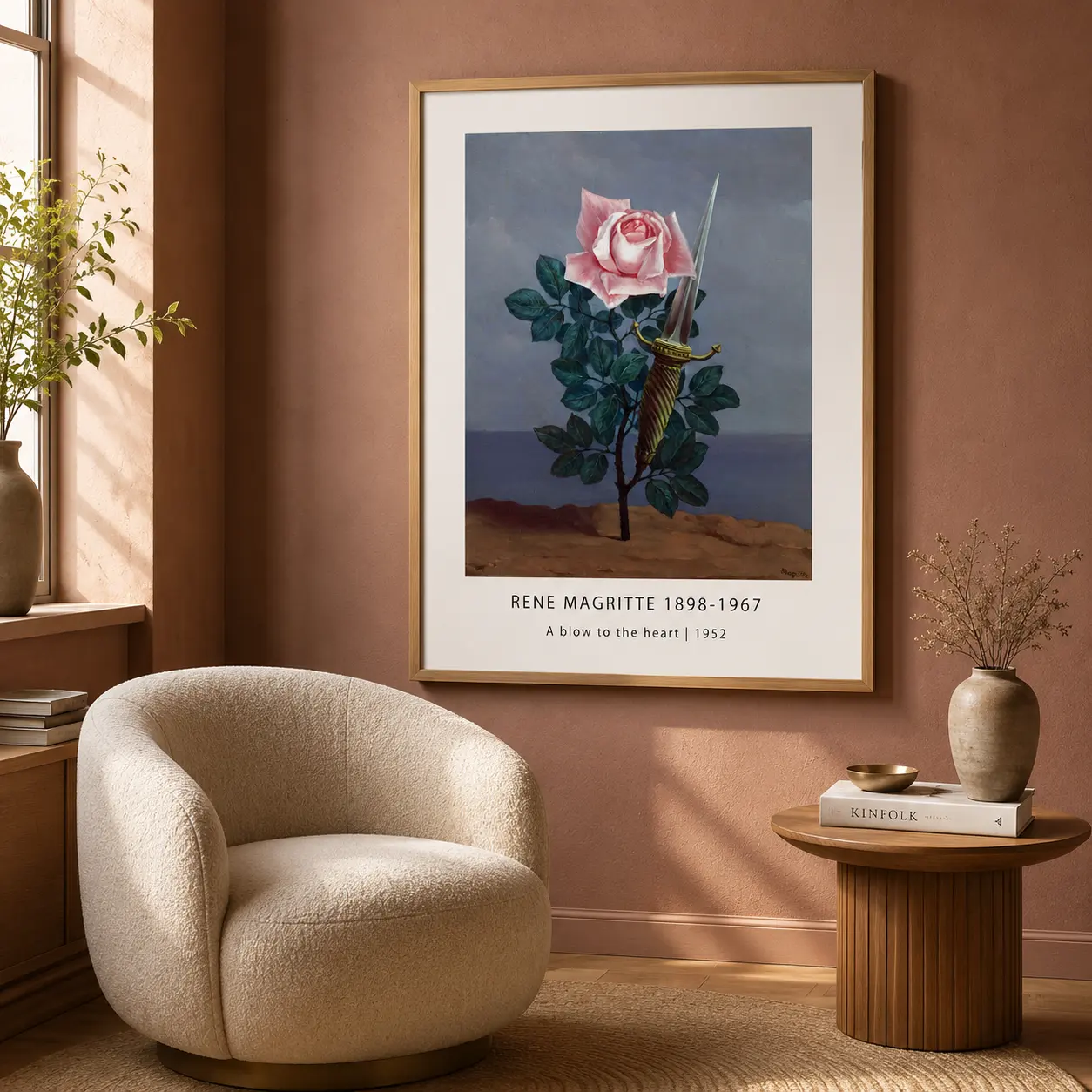 Room mockup of Blow to Heart Print, Magritte Rose and Dagger Wall Art Print, displayed as framed wall art in a bedroom setting as a portrait print with pink tones.