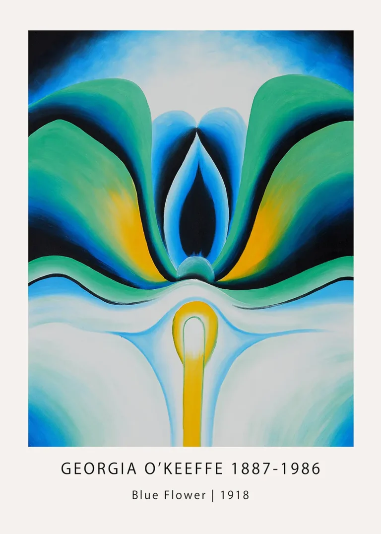 Georgia O'Keeffe Blue Flower. 1918 abstract painting with symmetrical blue and green petals and a central yellow stamen.