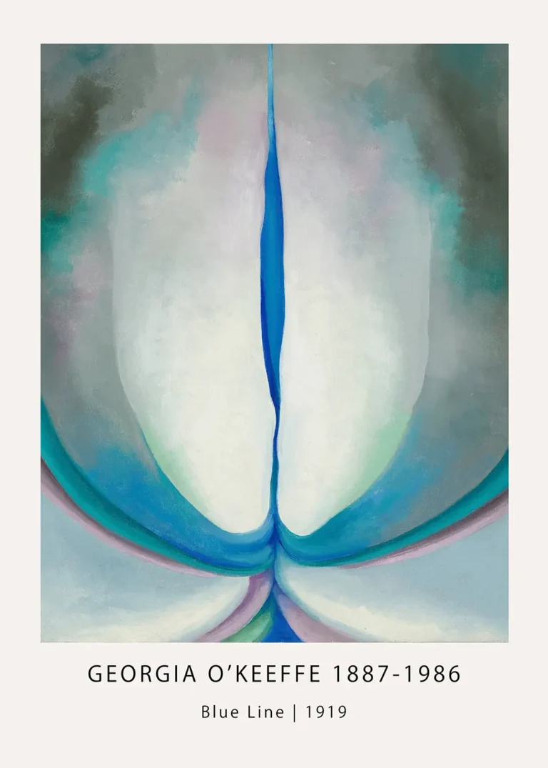 Georgia O'Keeffe poster showing the 1919 Blue Line painting with a vertical blue line and teal organic shapes.