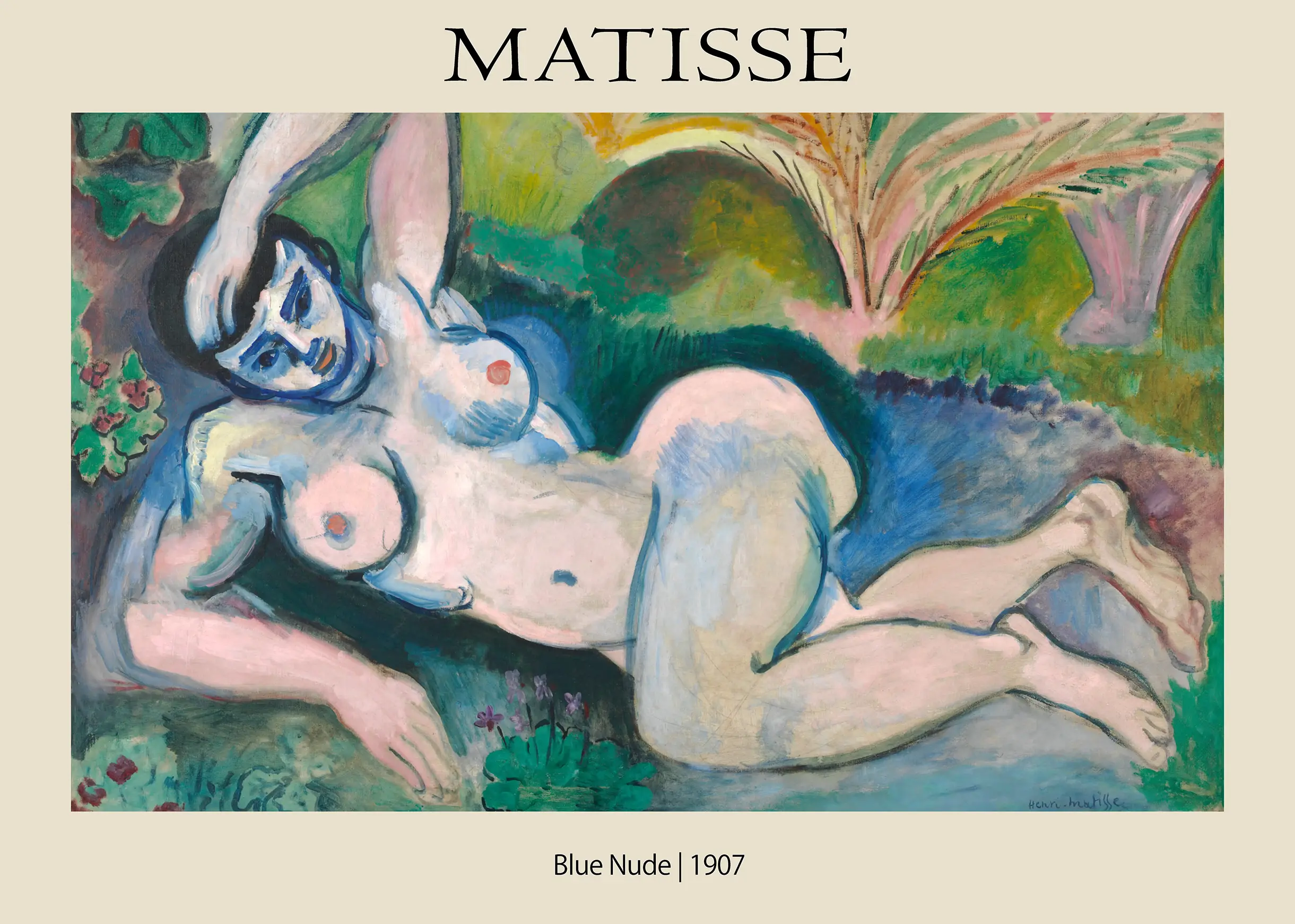 Matisse Blue Nude 1907 painting featuring a reclining figure with blue shadows against a green garden background.