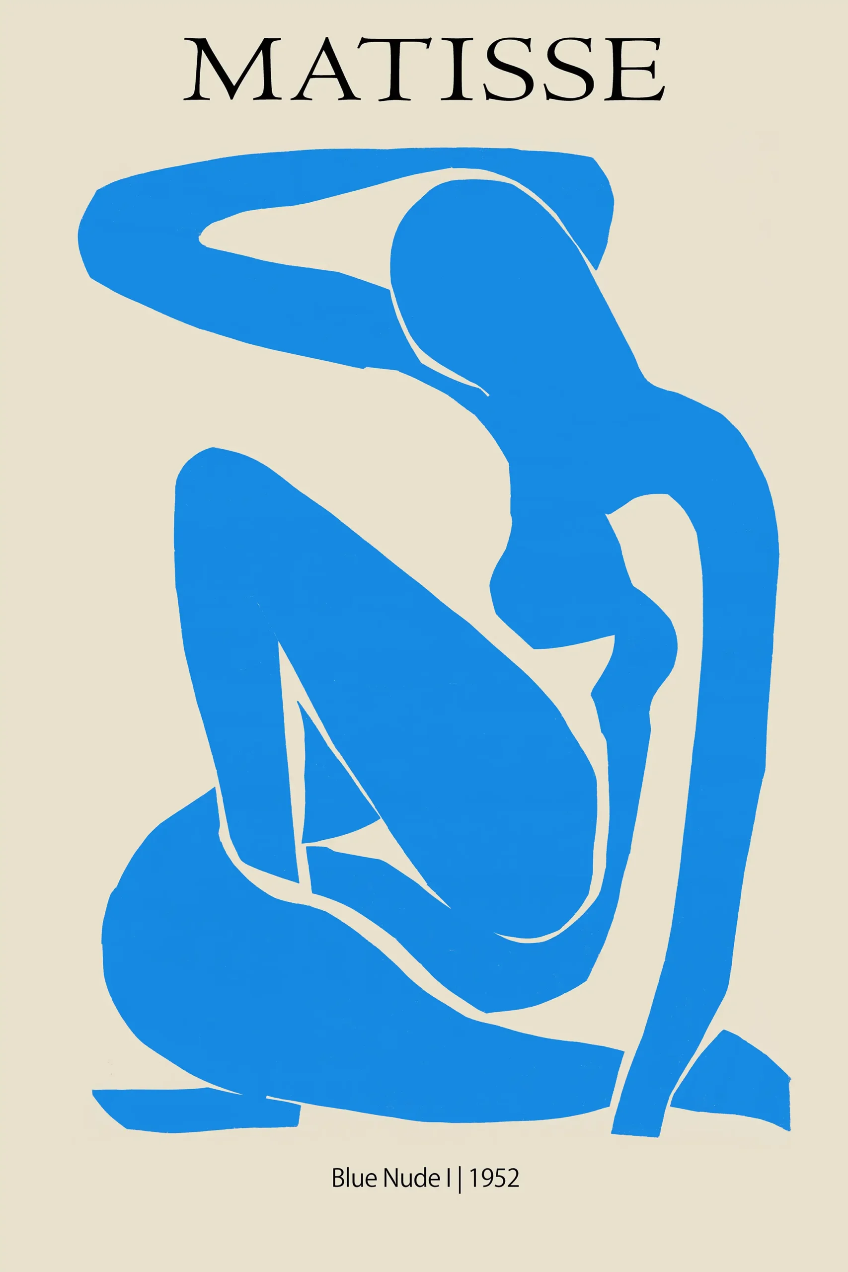 Blue Nude I - Classic Henri Matisse Cutout Art Poster Blue Nude I By Henri Matisse Featuring A Blue Silhouette Of A Seated Woman On A Beige Background With Black Text.