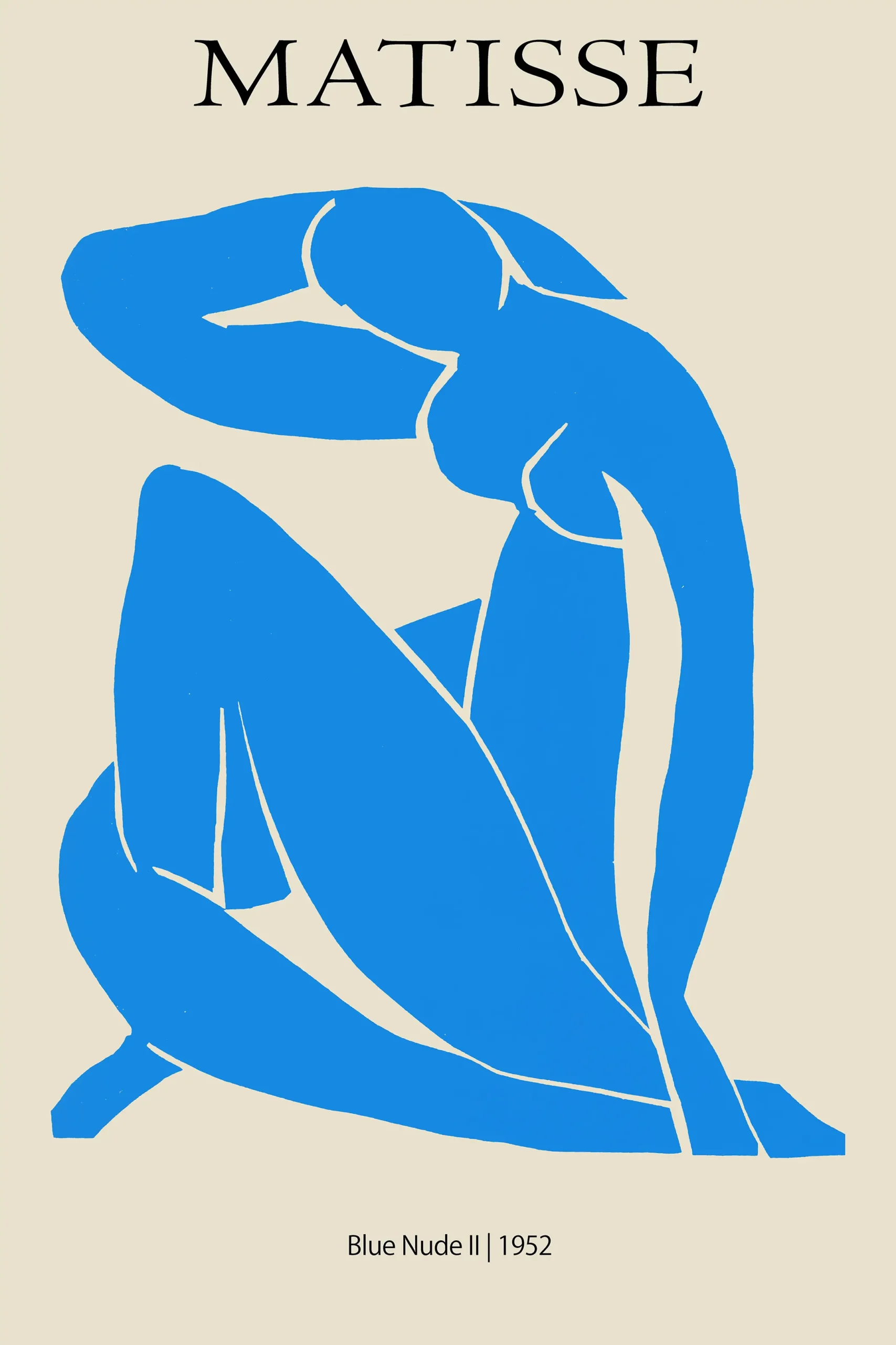 Matisse Blue Nude II print featuring a blue silhouette of a seated woman on a cream background with black text.