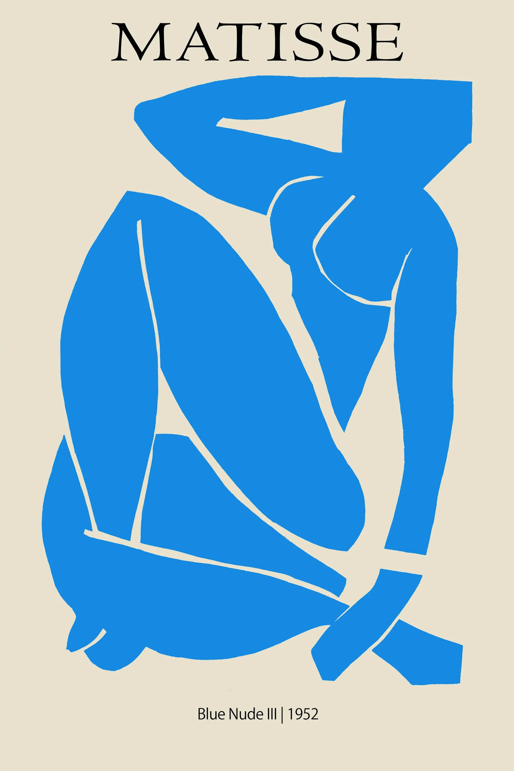 Blue Nude Iii - Henri Matisse 1952 Abstract Figure Wall Art Print Blue Nude Iii By Henri Matisse. A Blue Abstract Seated Woman Silhouette Cut-Out On A Cream Background With Black Text.