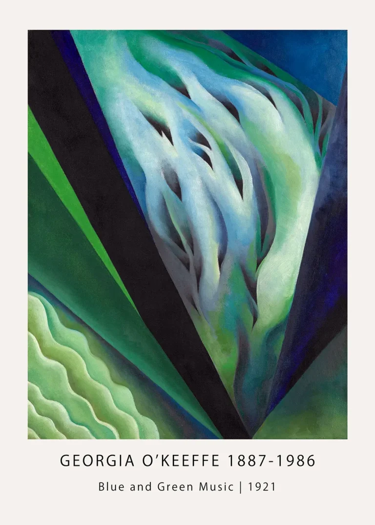 Georgia O'Keeffe Blue and Green Music painting featuring abstract flowing green waves and dark diagonal geometric lines.
