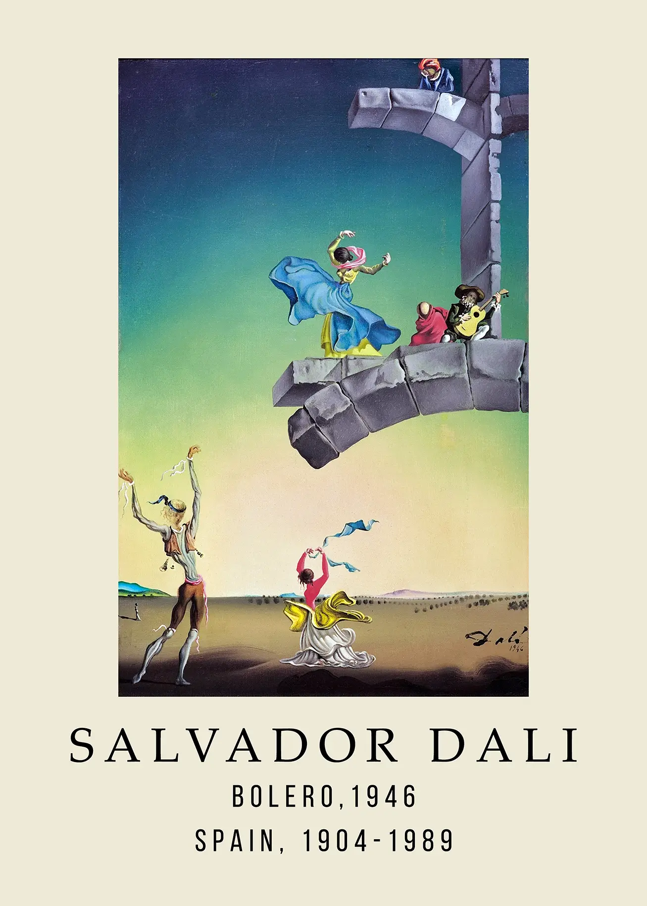 Classic Salvador Dali Bolero - 1946 Surrealist Exhibition Poster Wall Art Salvador Dali Bolero Painting Featuring Dancers On A Stone Arch And A Desert Landscape With A Guitarist.