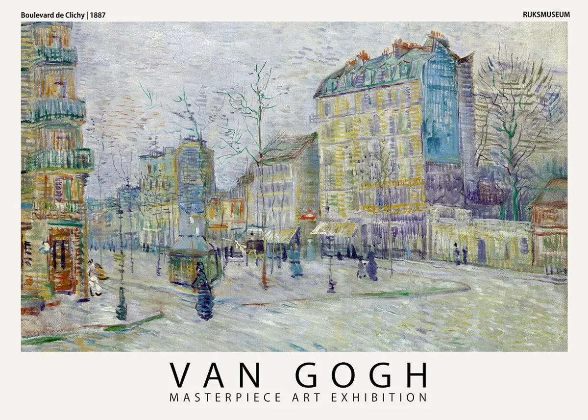 Van Gogh Clichy Poster showing an 1887 impressionist street scene with buildings and figures in muted yellow and blue tones.