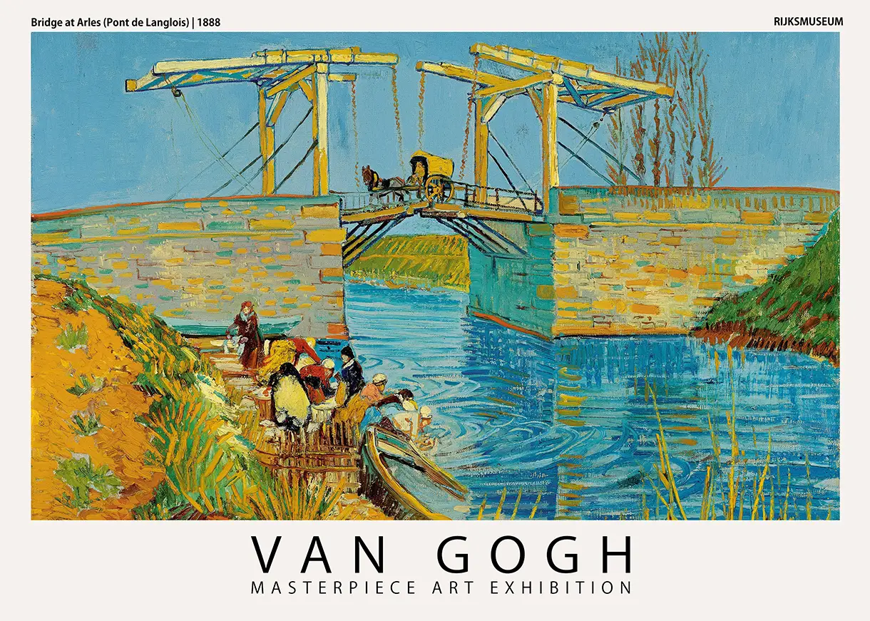 Exclusive Van Gogh Arles Bridge - Pont De Langlois 1888 Wall Art Van Gogh Arles Bridge Print Featuring A Yellow Drawbridge, Blue Water, Washerwomen, And A Carriage In 1888 Art Style.