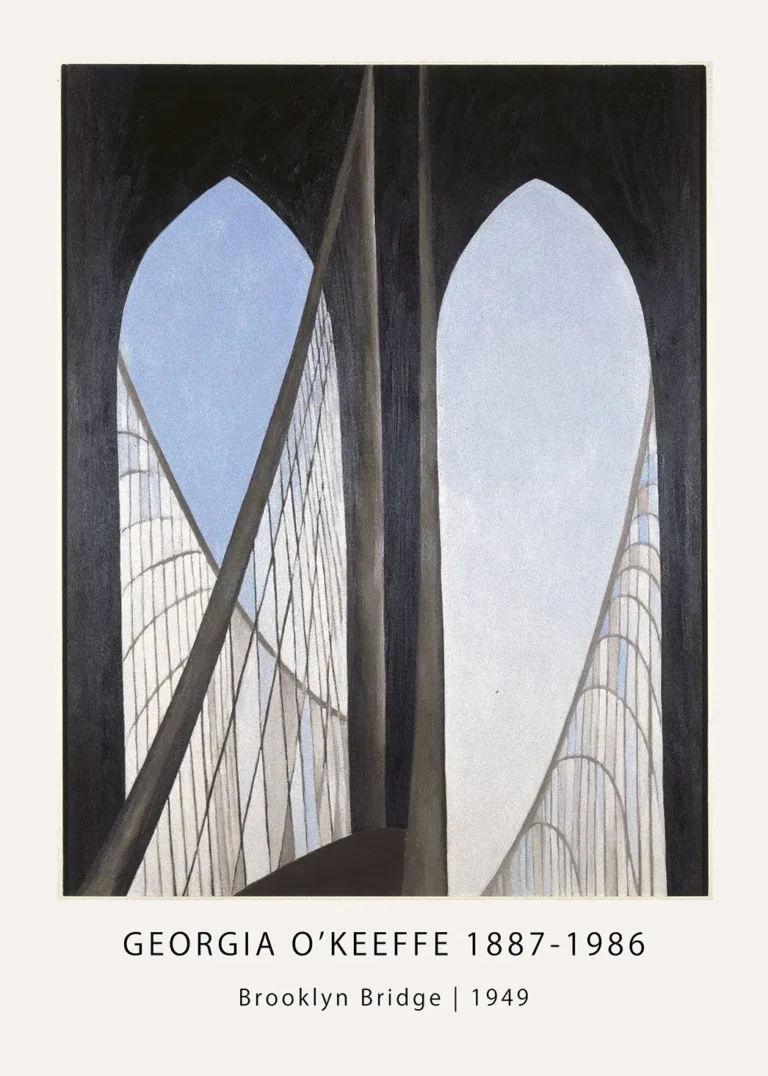 Georgia O'Keeffe print of the 1949 Brooklyn Bridge showing Gothic arches and suspension cables in an abstracted style.