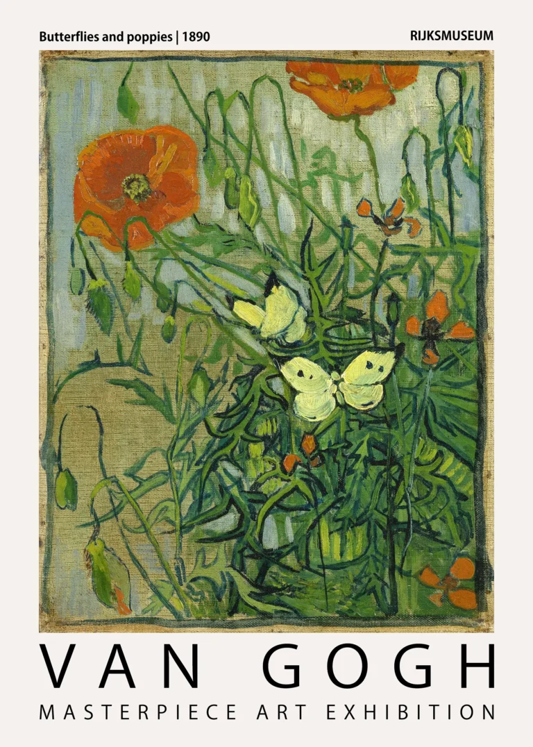Van Gogh Butterflies Poppies — impressionist masterpiece featuring delicate yellow butterflies resting