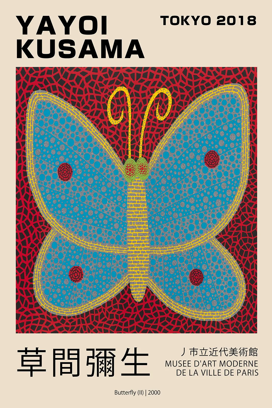 Exclusive Yayoi Kusama Butterfly Poster - Tokyo 2018 Exhibition Art Yayoi Kusama Butterfly Poster Showing A Blue Winged Butterfly With Yellow Dots On A Red And Black Geometric Net.