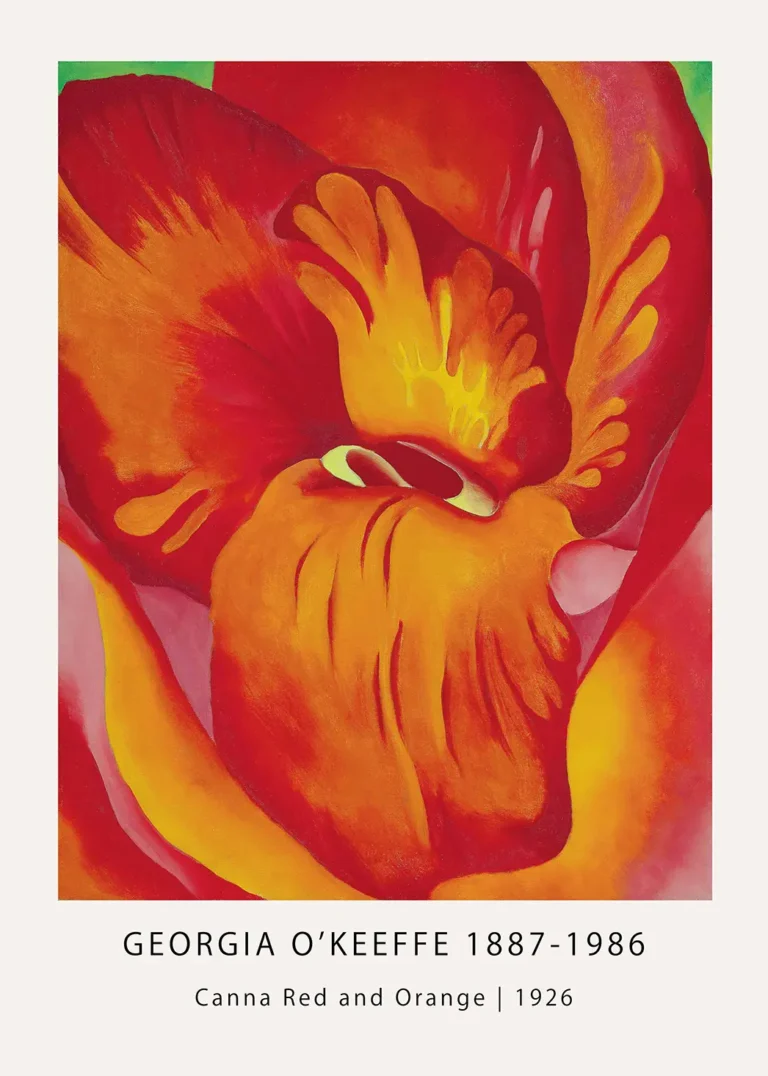 Canna Red and Orange painting by Georgia O'Keeffe showing a magnified red and yellow lily with abstract organic petals.