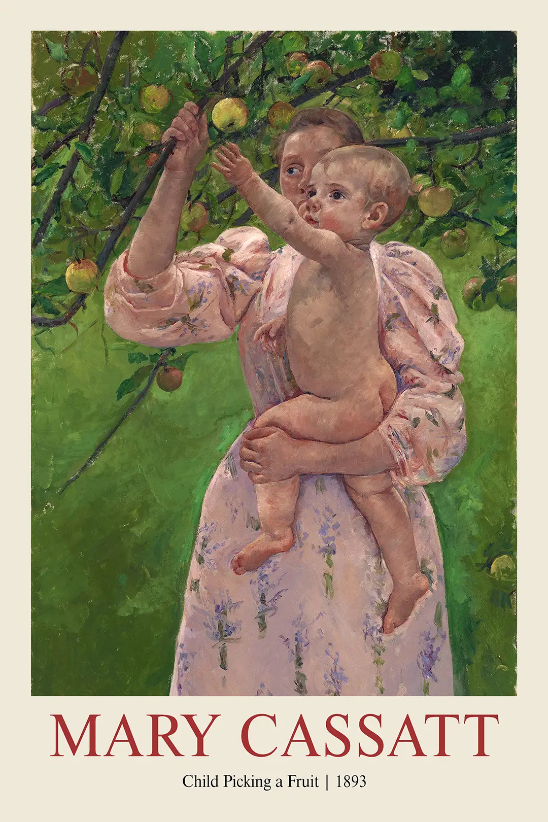 Mary Cassatt print showing a woman in a floral dress holding a child reaching for green apples in an orchard garden.