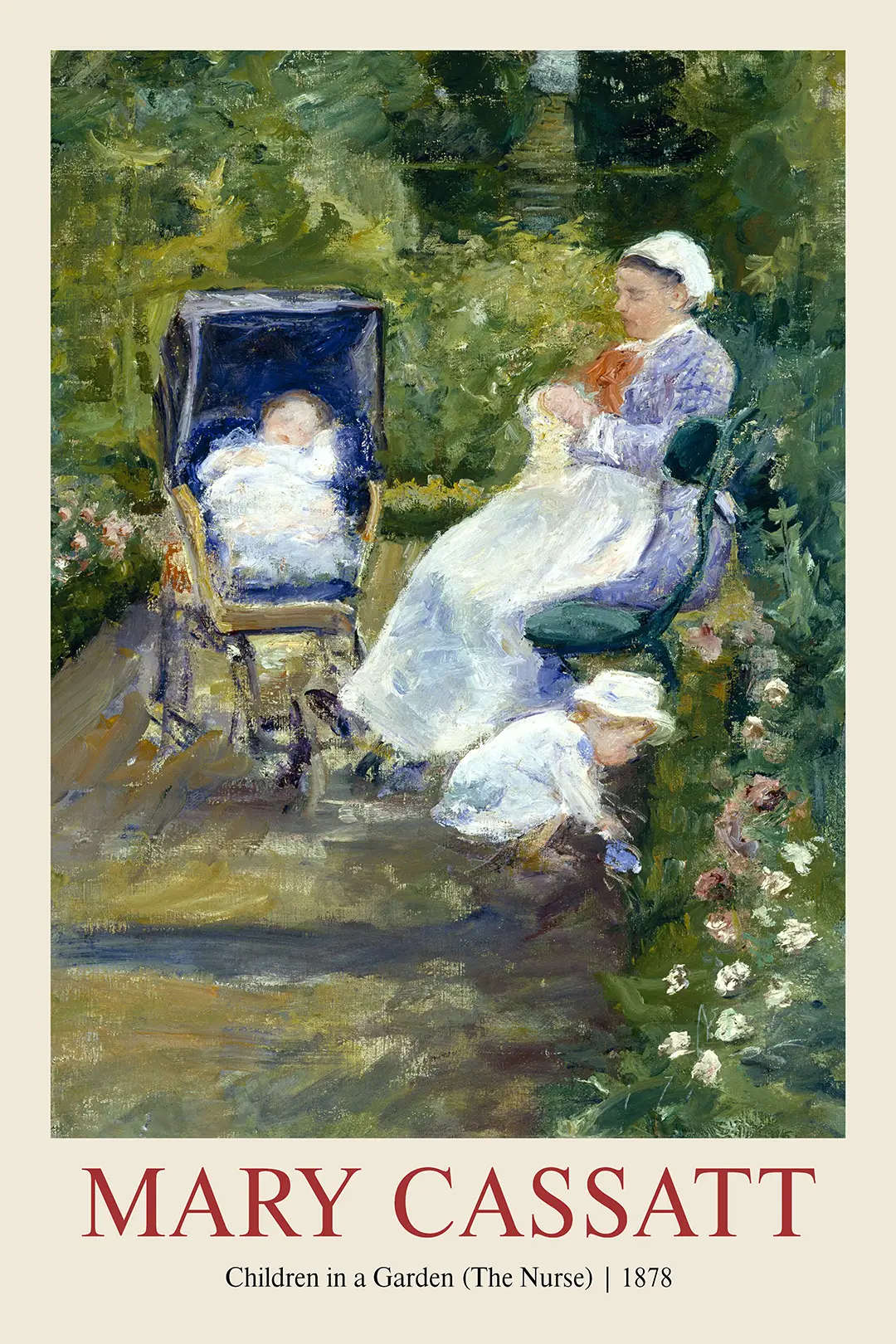 Mary Cassatt Garden Print showing a 1878 painting of a nursemaid and children in a green garden with a blue baby carriage.