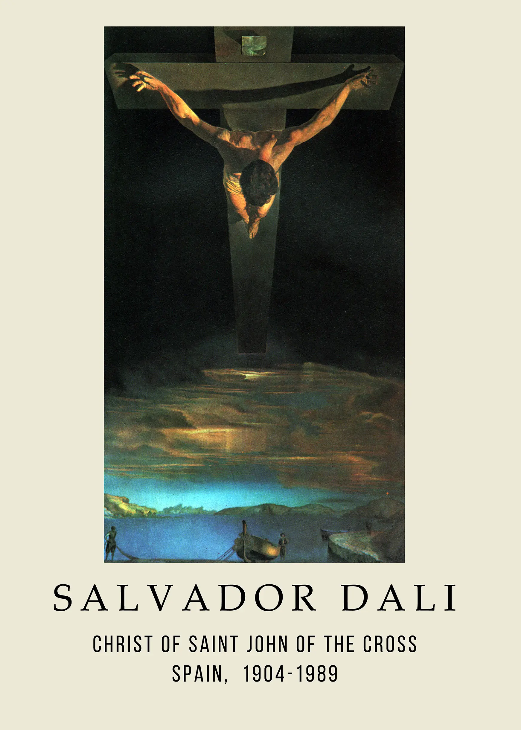 Classic Dali Christ Poster - Saint John Of The Cross Fine Art Print Dali Christ Poster Showing The Aerial View Of Jesus On The Cross Above A Darkened Coastal Bay With Fishermen.