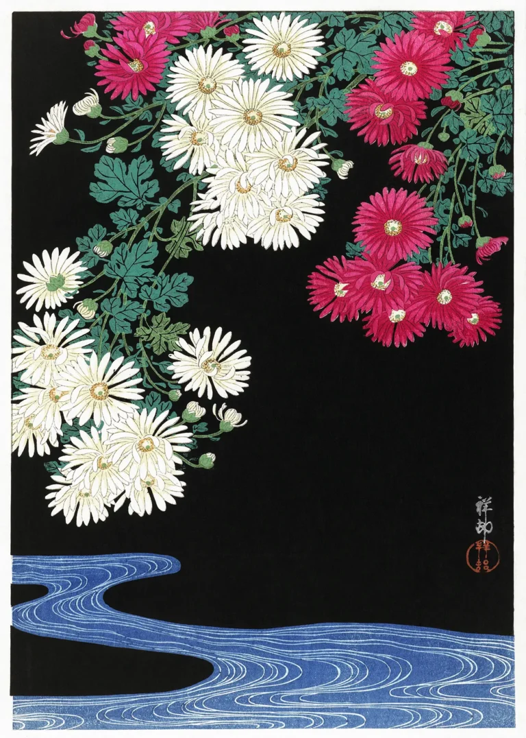 Ohara Koson Chrysanthemums Stream — vibrant pink and white chrysanthemums arch over a stylized blue stream