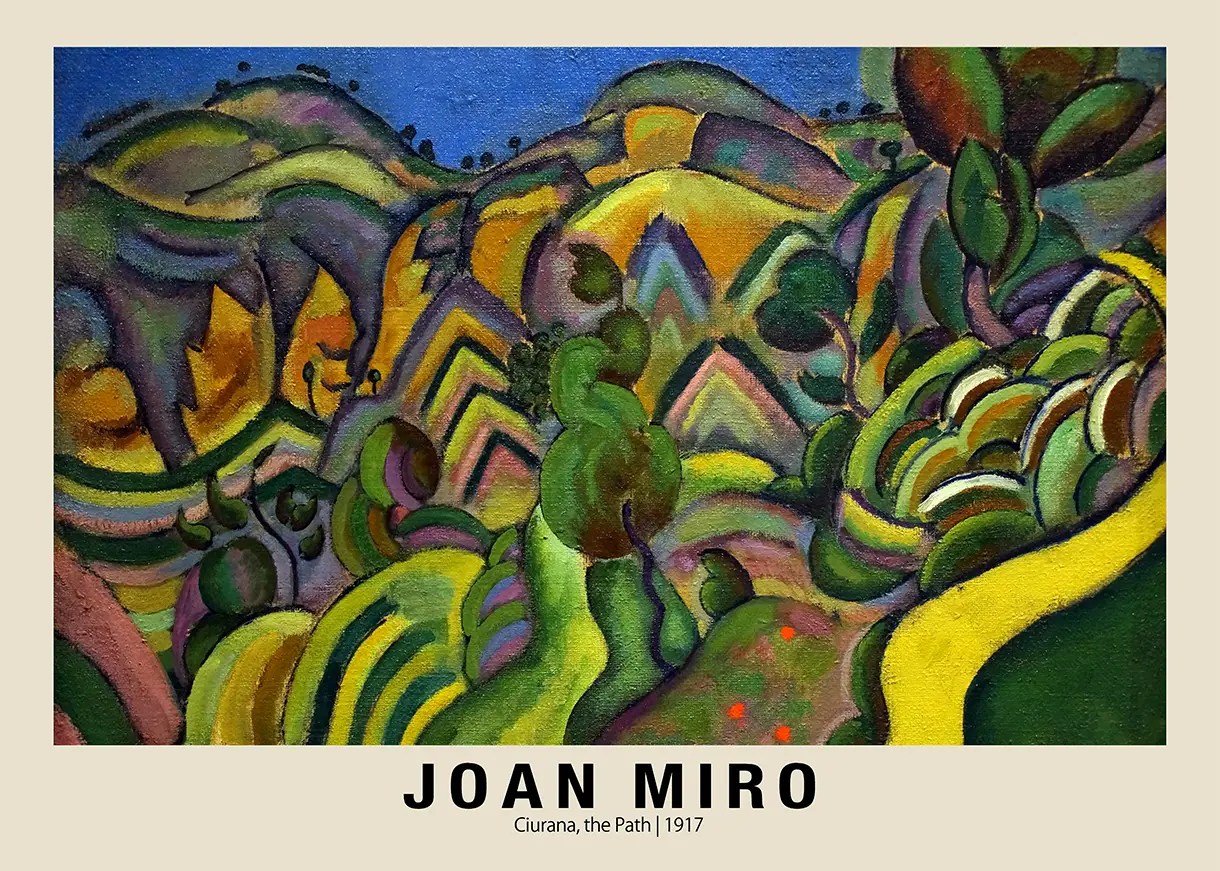 Joan Miro art print titled Ciurana the Path 1917 showing vibrant geometric hills in green and ochre Fauvist style.