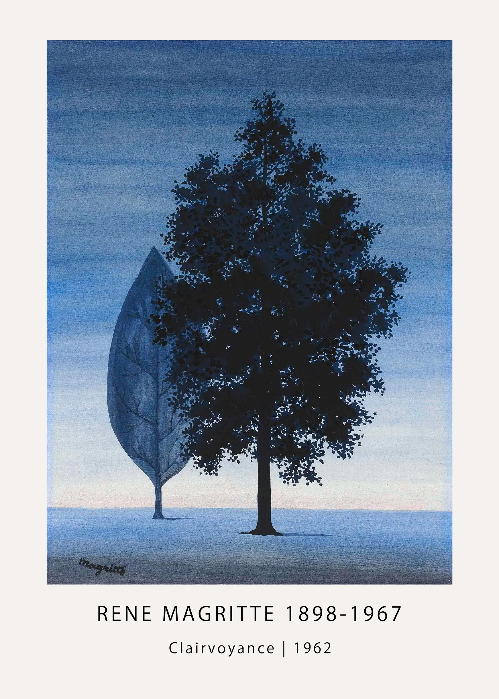 Classic Magritte Clairvoyance Print - 1962 Surrealist Wall Art Magritte Clairvoyance Print Depicting A Surrealist Tree And Giant Leaf Under A Blue Twilight Sky With Archival Detail.