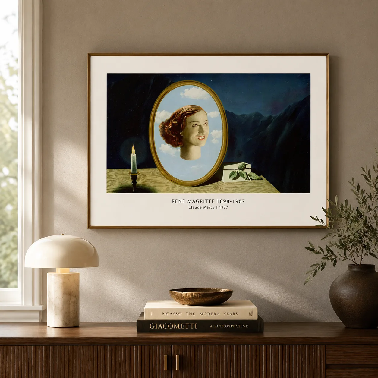 Room mockup of Claude Marcy Print, Magritte Mirror Portrait Surrealist Art, displayed as framed wall art in a living room setting as a landscape print with blue tones.