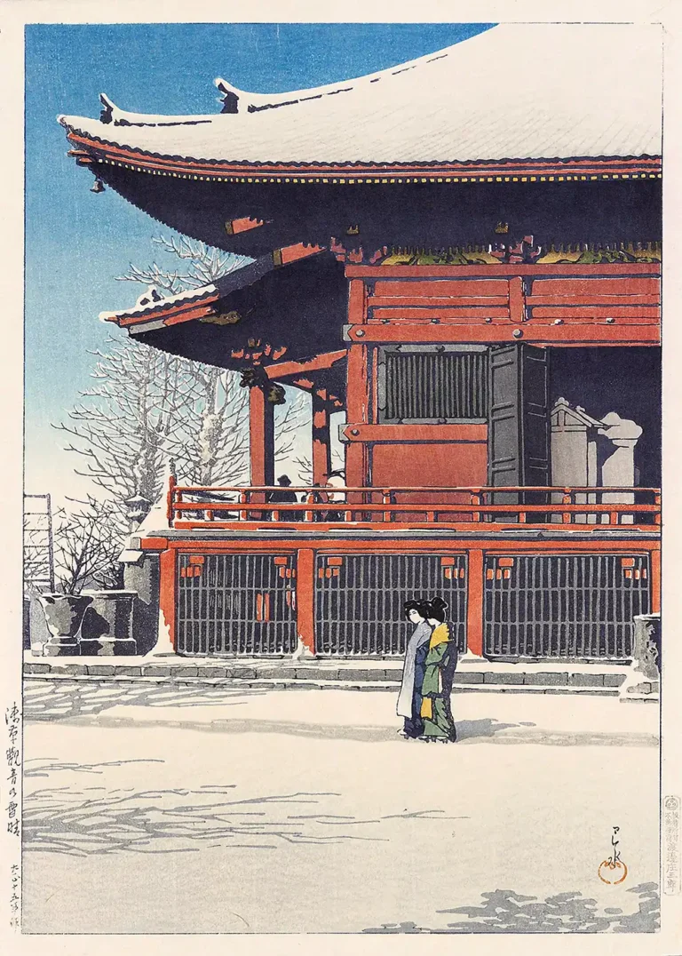 Asakusa Kannon Temple Clearing — crisp Japanese woodblock print by Hasui Kawase featuring the vibrant