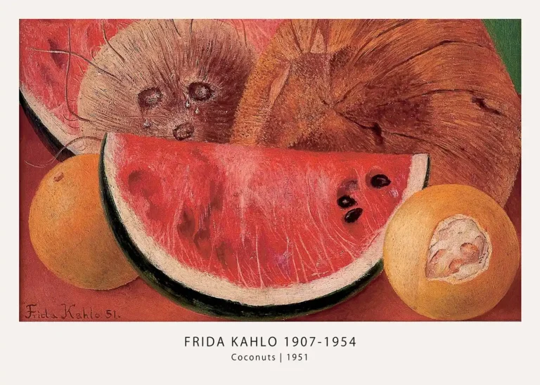 Frida Kahlo Coconuts Still — textured 1951 still life by Frida Kahlo featuring weeping coconuts, a