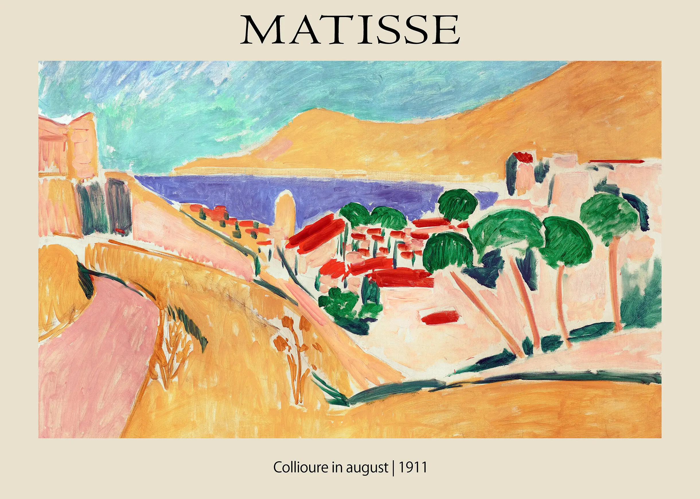 Matisse Collioure Print - 1911 French Riviera Fauvist Art Poster Matisse Collioure Print Featuring Orange Hills, Red Roofs, Green Trees, And A Blue Sea In The 1911 Fauvist Style.