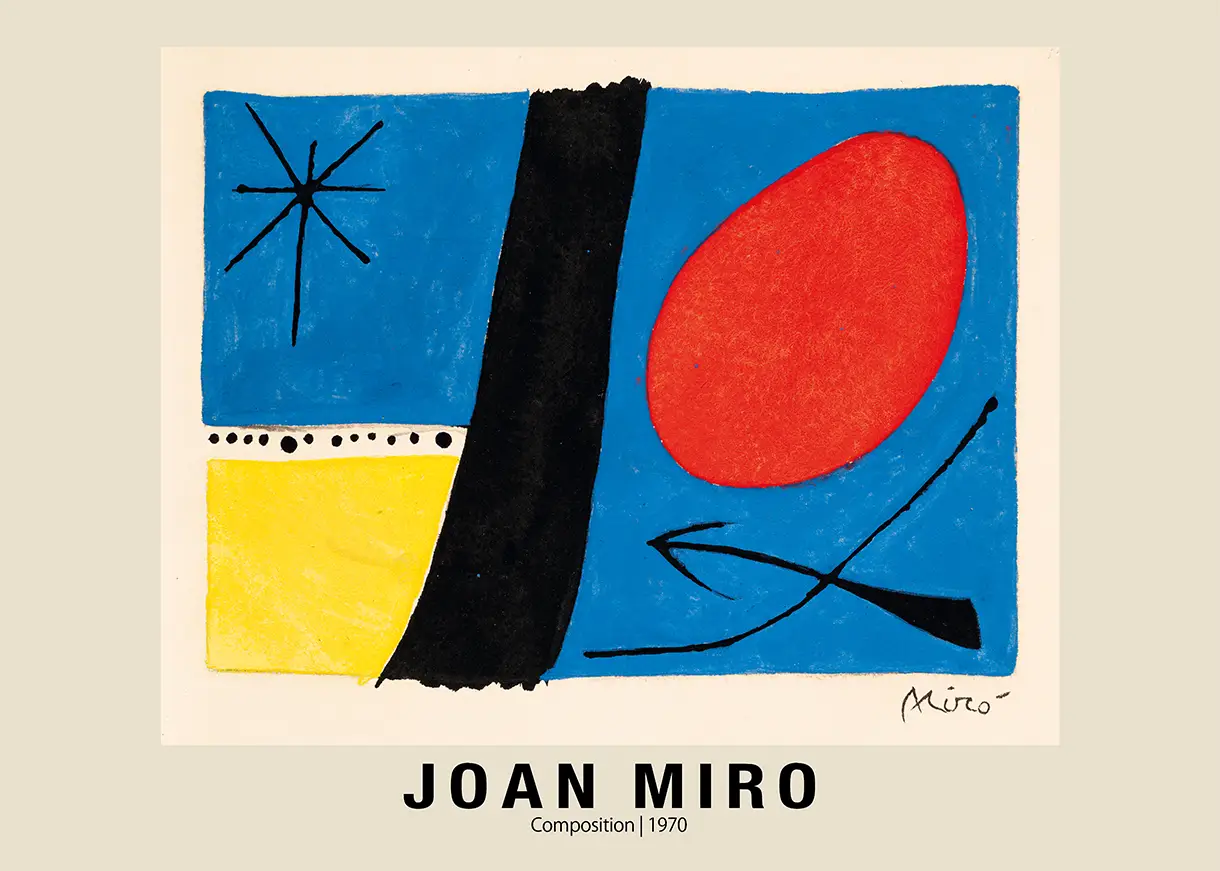 Authentic Joan Miro Poster - Composition 1970 Abstract Surrealist Art Joan Miro Poster Featuring A Red Oval And Blue Background From The 1970 Composition Abstract Art Collection.
