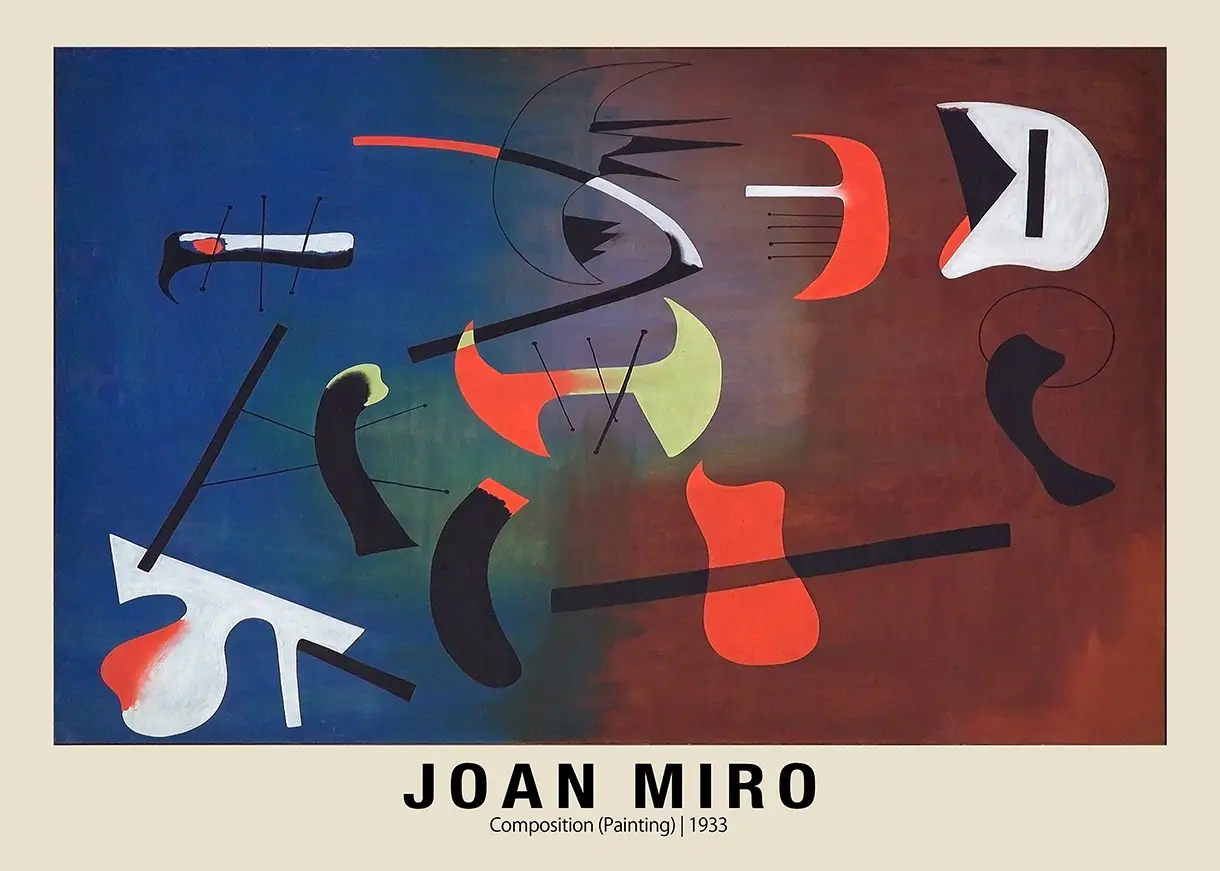 Authentic Joan Miro Composition 1933 - Abstract Surrealist Wall Art Print Joan Miro Composition 1933 Abstract Painting With Biomorphic Shapes On A Blue And Brown Background.
