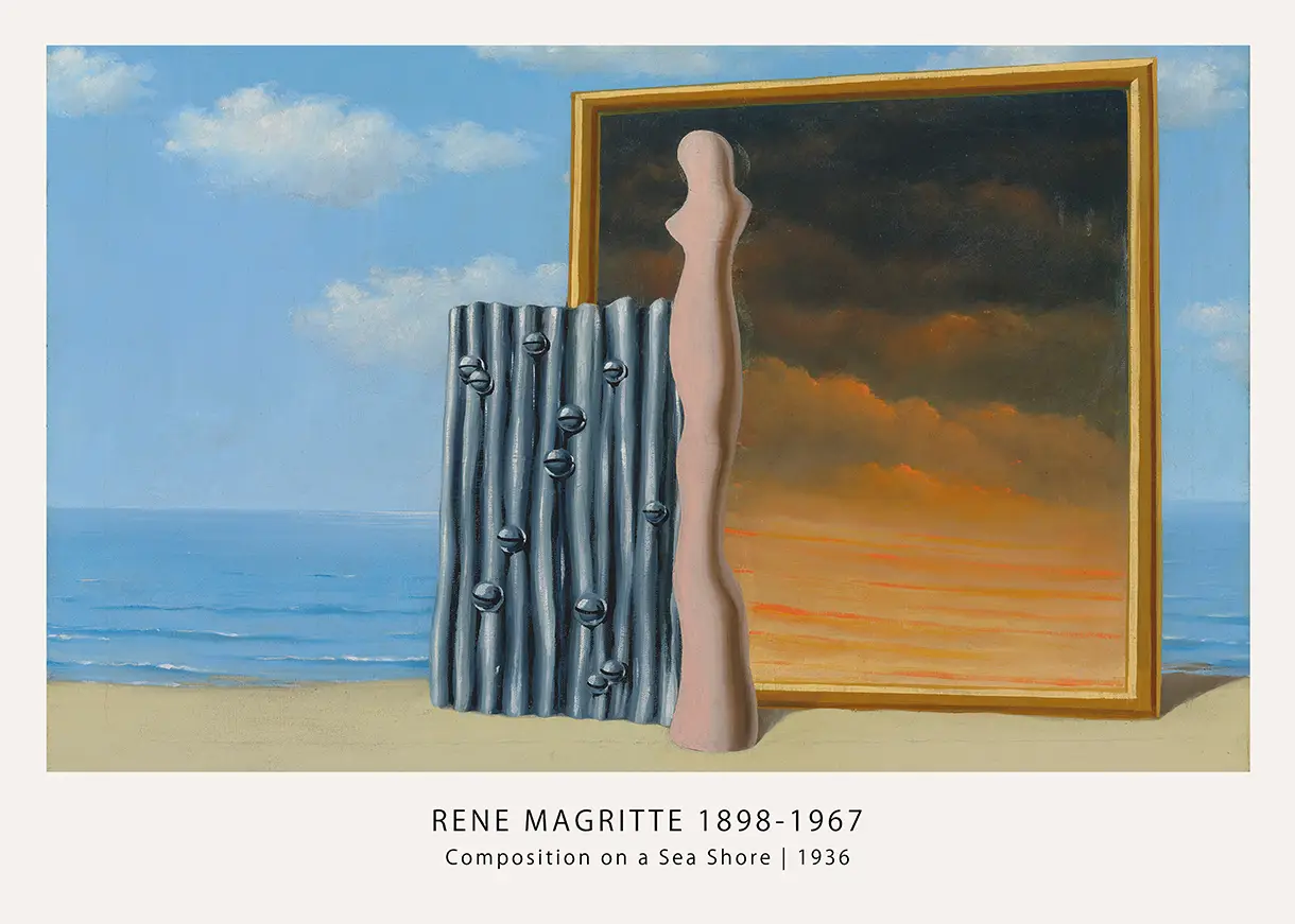 Classic Magritte Surrealist Poster - 1936 Composition On A Sea Shore Art Magritte Surrealist Poster Showing A Wooden Torso And Corrugated Metal On A Beach Under A Framed Sunset Painting.