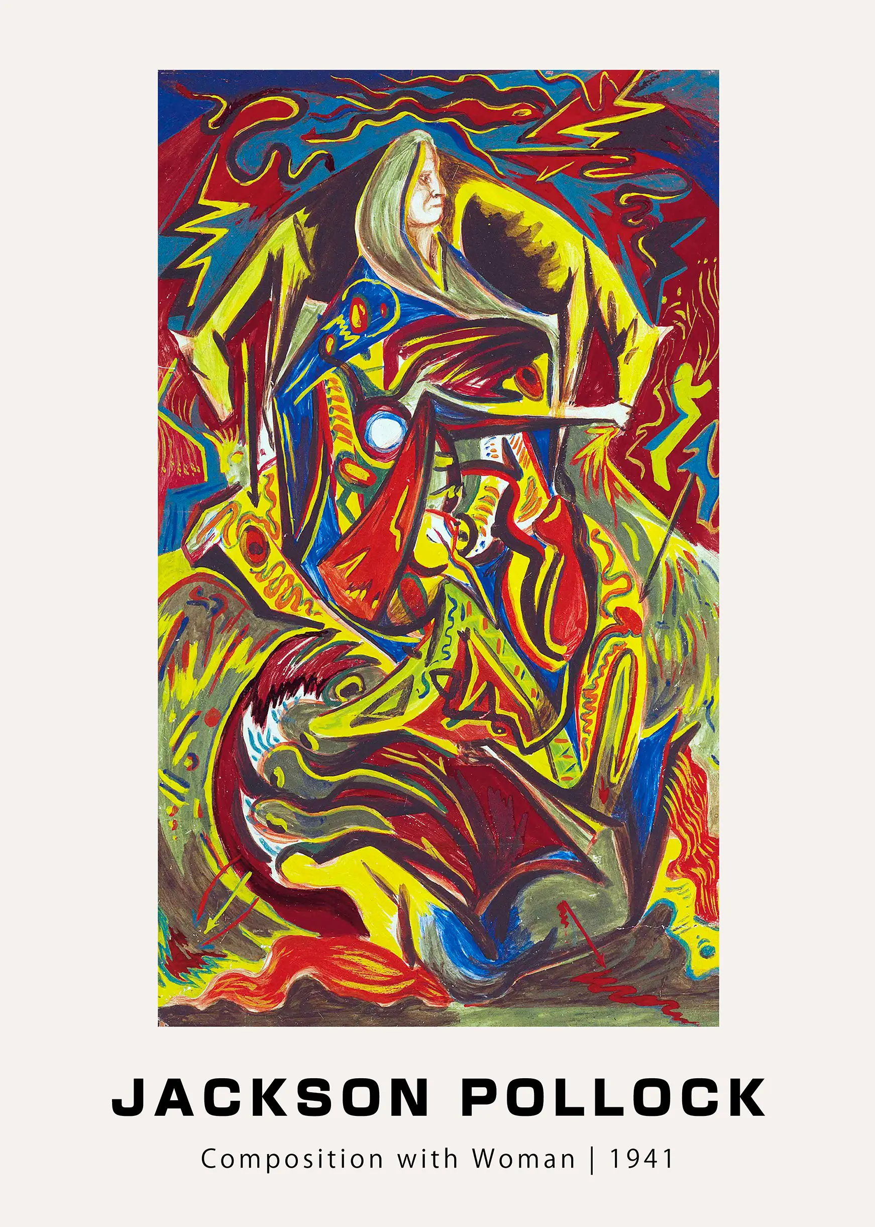Jackson Pollock print of Composition with Woman 1941 featuring abstract figures in red, yellow, and blue surrealist style.
