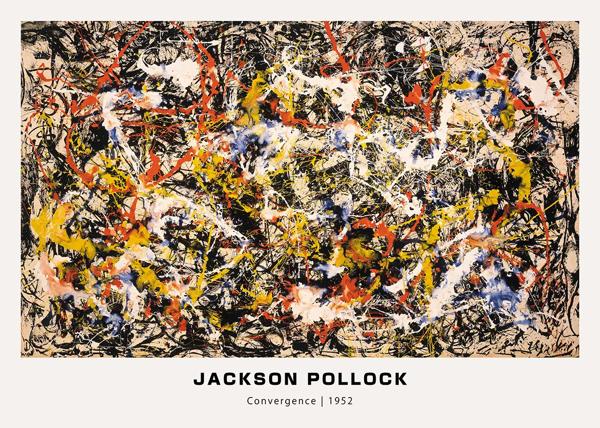Jackson Pollock Convergence 1952 abstract drip painting featuring black, white, red, yellow, and blue splatters.