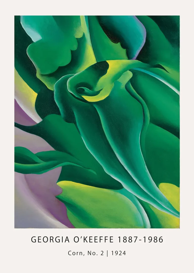 Georgia O'Keeffe corn print showing a 1924 abstract painting of green corn leaves with yellow edges and a purple background.