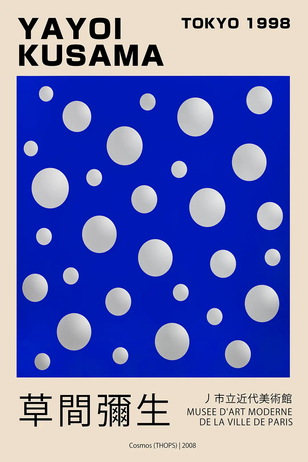 Authentic Yayoi Kusama Poster - Cosmos (Thops) 2008 Exhibition Art Yayoi Kusama Poster Featuring White Polka Dots On A Deep Blue Background For The 2008 Cosmos Exhibition In Paris.
