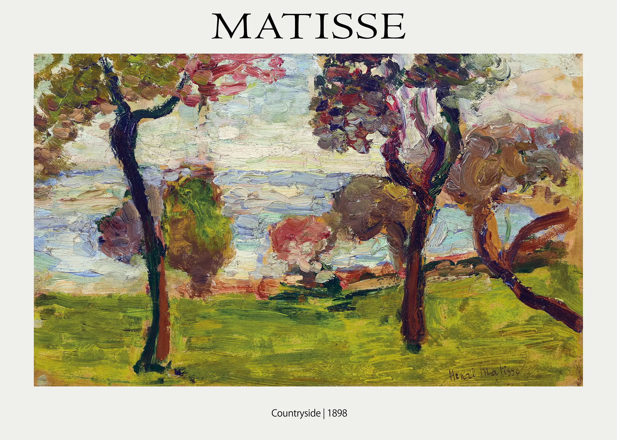Authentic Matisse Countryside Print - 1898 Post-Impressionist Wall Art Matisse Countryside Print Featuring 1898 Oil Brushstrokes Of Green Trees, An Ochre Field, And A Pale Blue Sky.