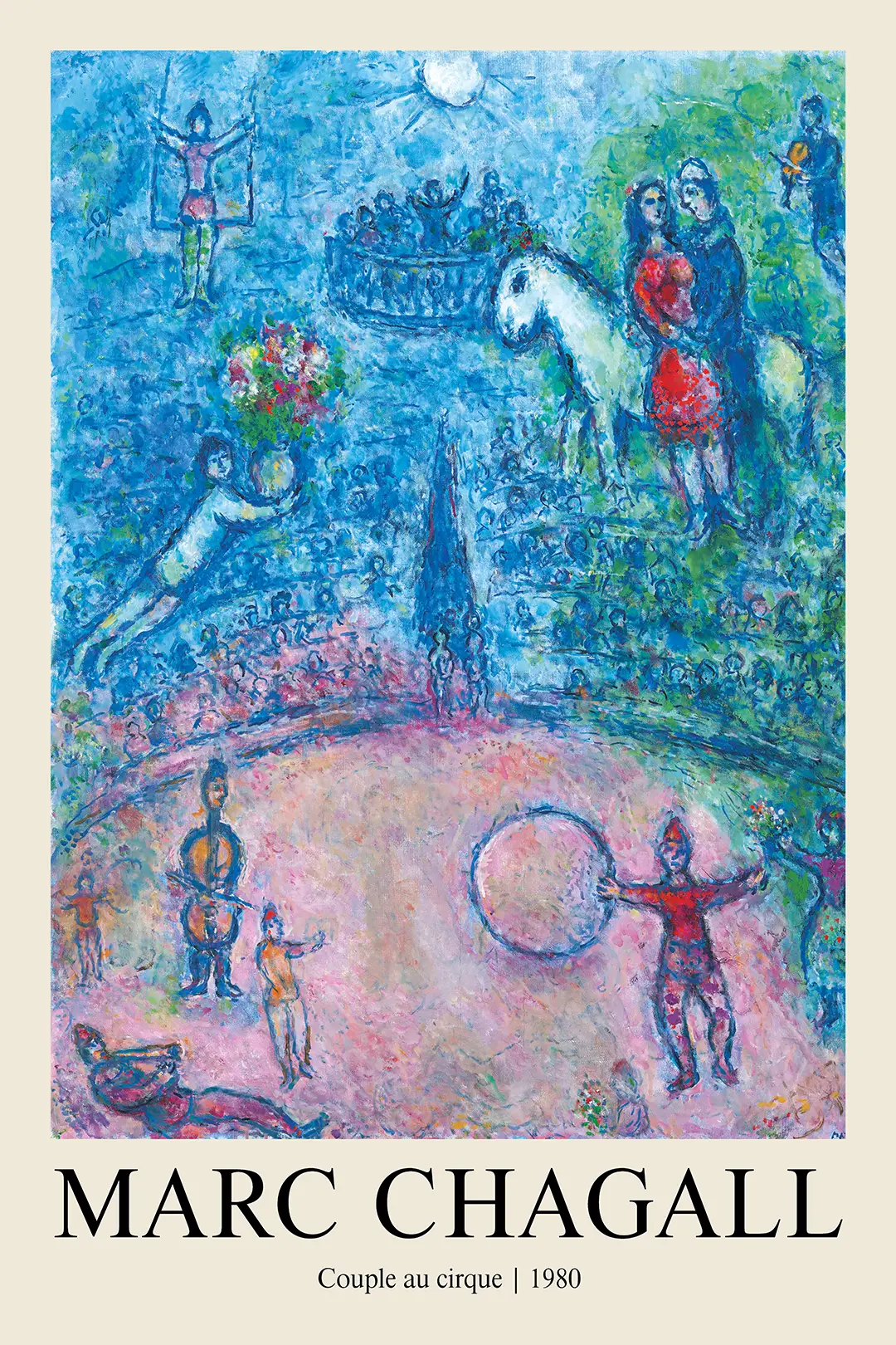 Classic Marc Chagall Circus Print - Couple Au Cirque 1980 Wall Art Marc Chagall Circus Print Depicting A Blue Surreal Circus Arena With A Couple On A Horse And Floating Musicians.