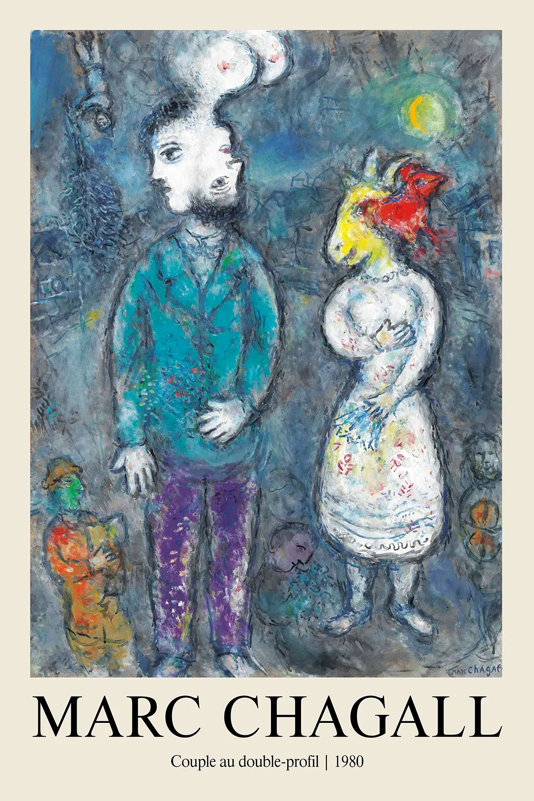 Marc Chagall Print - Couple Au Double-Profil 1980 Surrealist Fine Art Marc Chagall Print Of Couple Au Double-Profil 1980 Featuring Surreal Blue Figures And A Goat-Headed Bride.