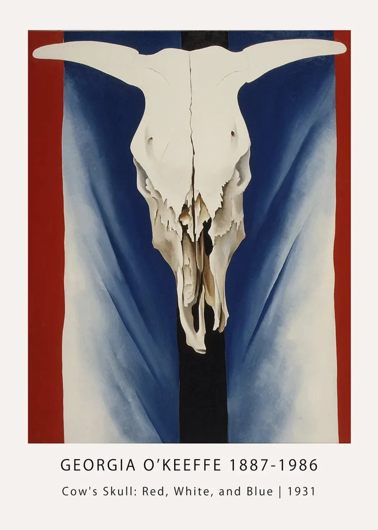 Georgia O'Keeffe Cow Skull painting featuring a white skull centered on red, white, and blue vertical stripes.