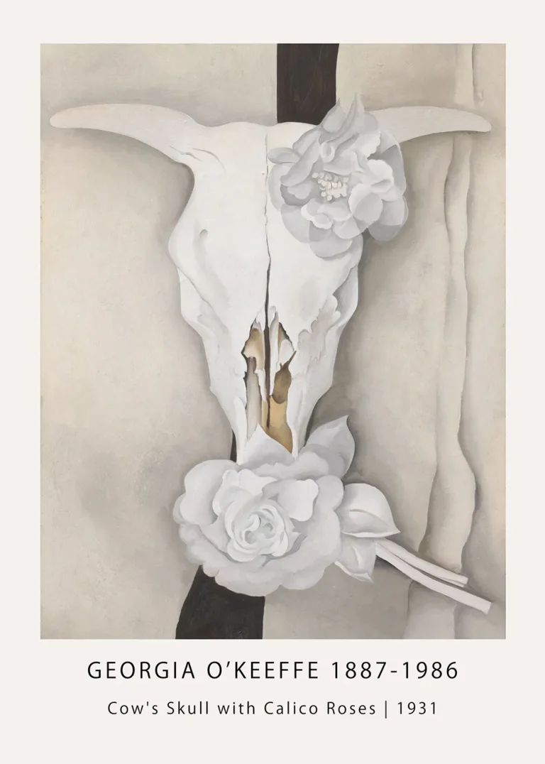 Georgia O'Keeffe Cow Skull painting from 1931 with white calico roses on a bleached white desert bone.