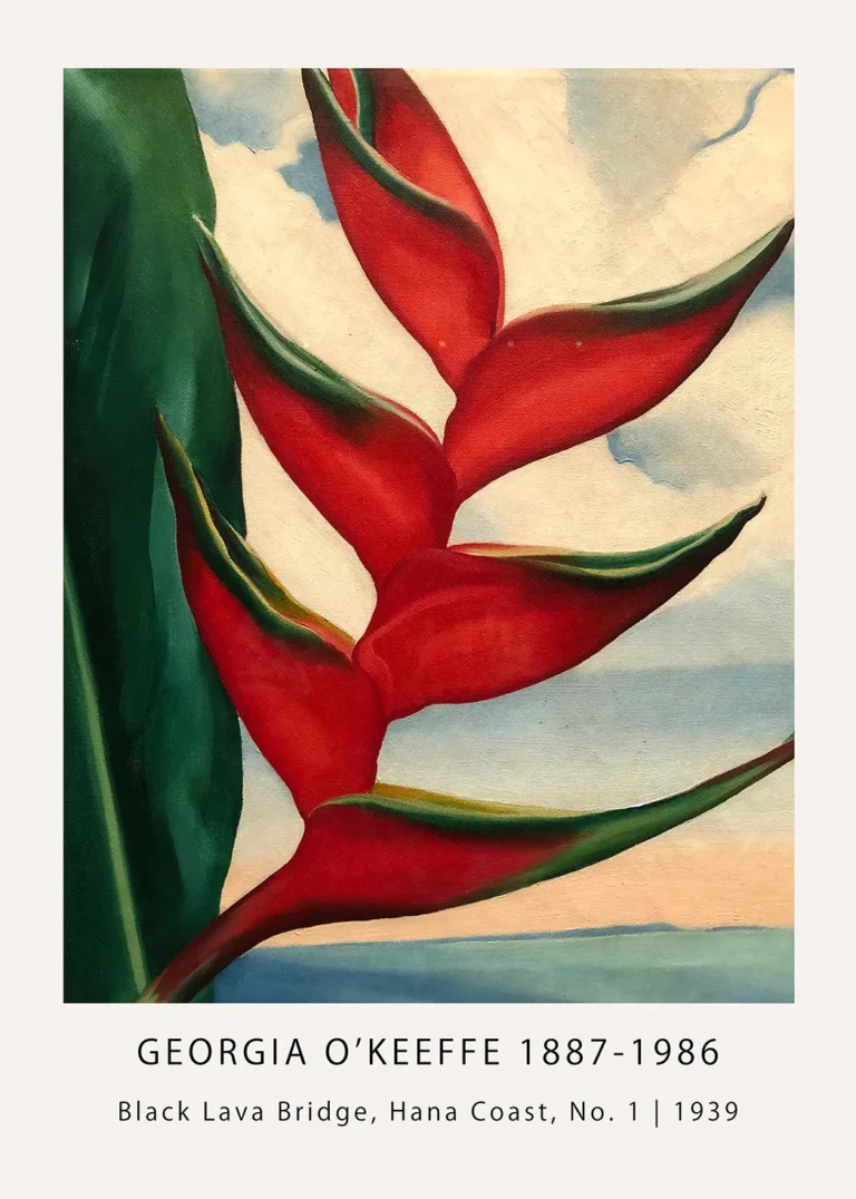 Georgia O'Keeffe Hawaii Print featuring red Crab's Claw Ginger petals against a blue Maui coastal sky background.