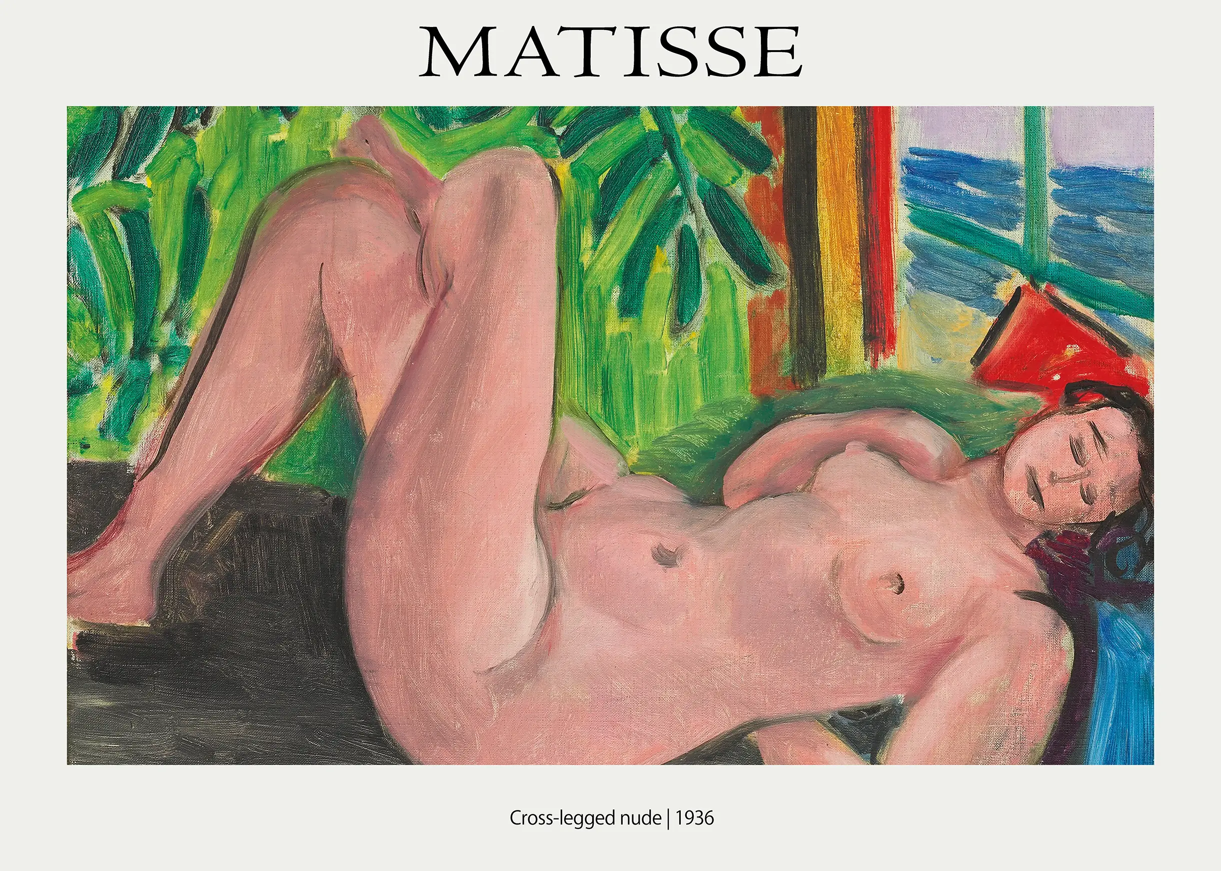 Matisse cross-legged nude 1936 featuring a pink reclining figure against green foliage and a blue sea view.