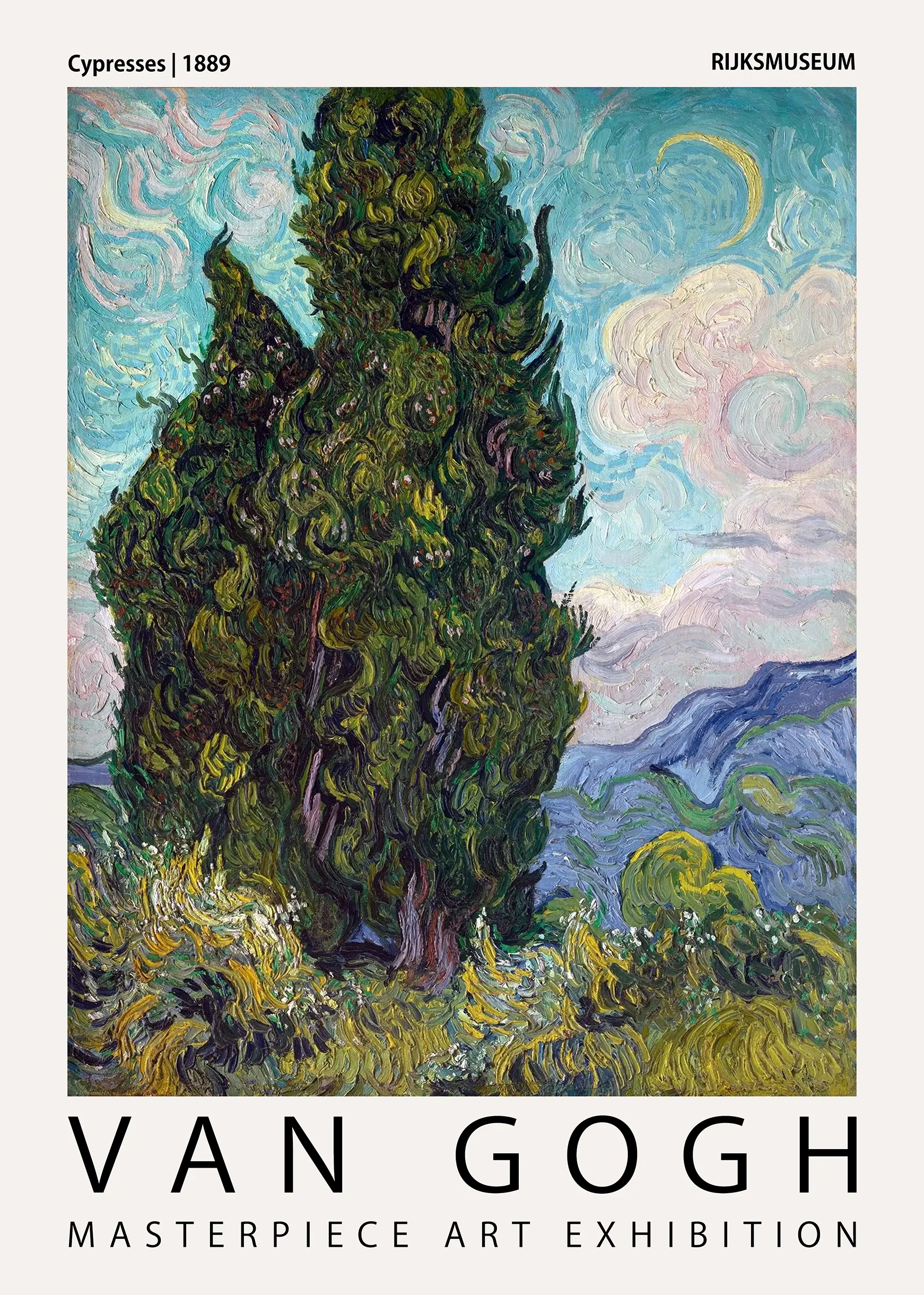 Authentic Van Gogh Cypress Print - 1889 Rijksmuseum Exhibition Art Van Gogh Cypress Print Showing Swirling Green Trees, A Yellow Crescent Moon, And Blue Hills In Post-Impressionist Style.