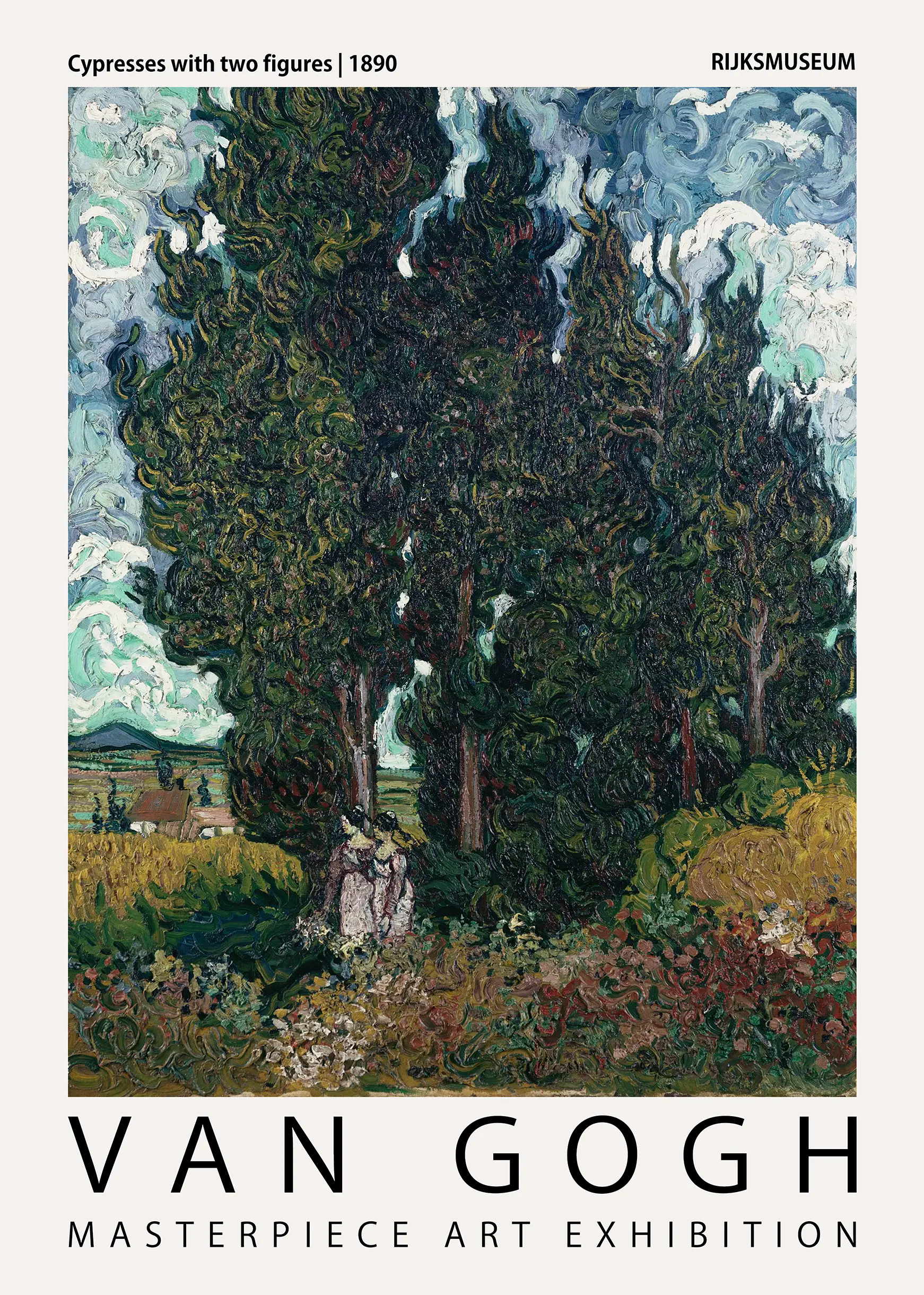 Van Gogh Cypress Print - 1890 Saint-Remy Art Exhibition Wall Decor Van Gogh Cypress Print Featuring Tall Dark Trees And Two Figures In A Yellow Field Under A Swirling Blue And White Sky.
