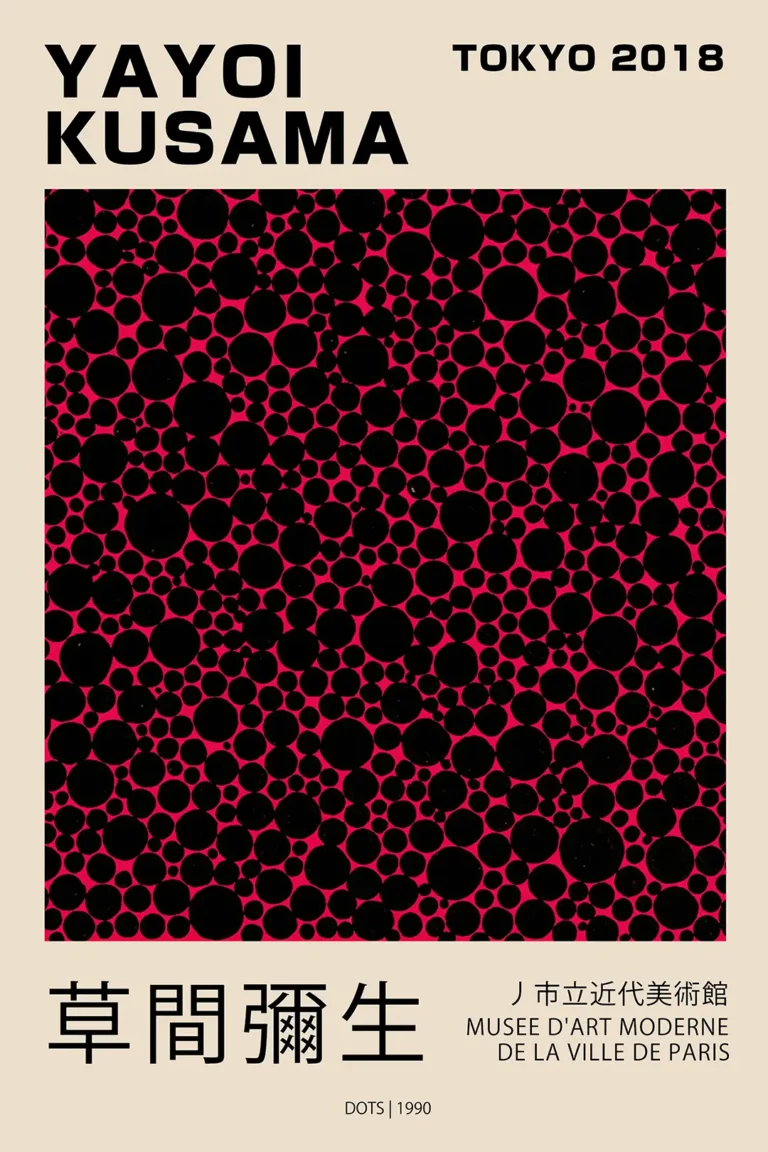 Yayoi Kusama Dots 1990 — this museum-style art print features a dense field of irregular black