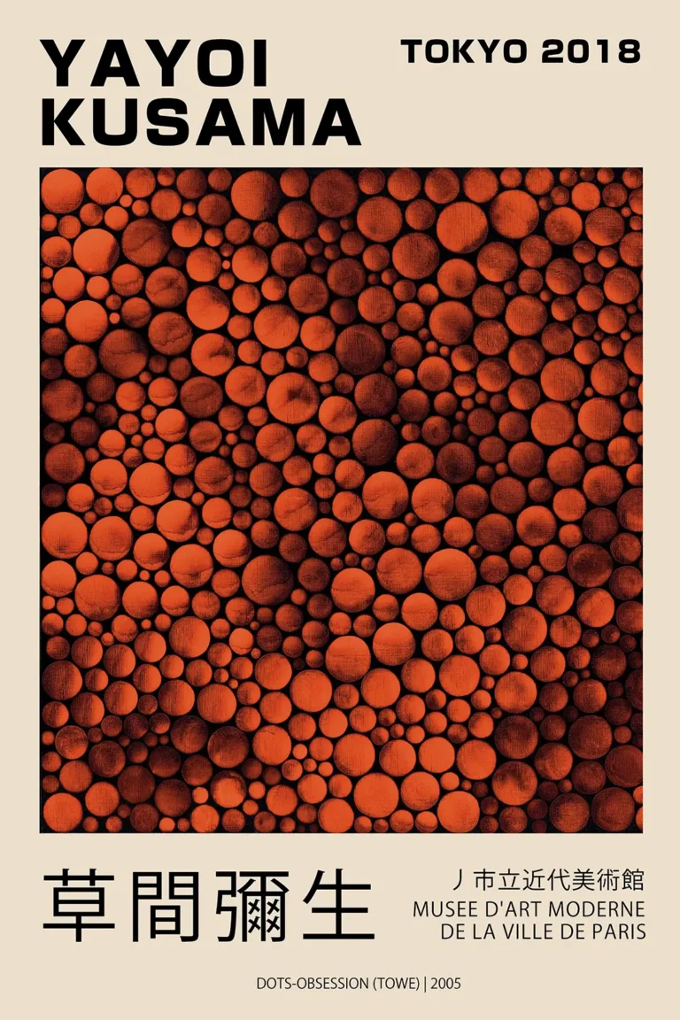 Yayoi Kusama Dots Obsession — this vibrant art print features a dense field of textured red and