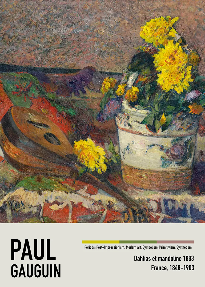 Classic Paul Gauguin Poster - Dahlias Et Mandoline 1883 Vintage Art Print Paul Gauguin Poster Showing Dahlias Et Mandoline 1883 Still Life With Yellow Flowers And A Mandolin On A Patterned Table.