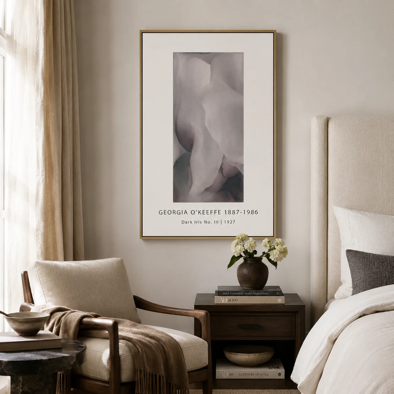 Room mockup of Georgia O'Keeffe iris Print, Dark Iris No. III Wall Art Print, displayed as framed wall art in a living room setting as a portrait print with purple and grey tones.