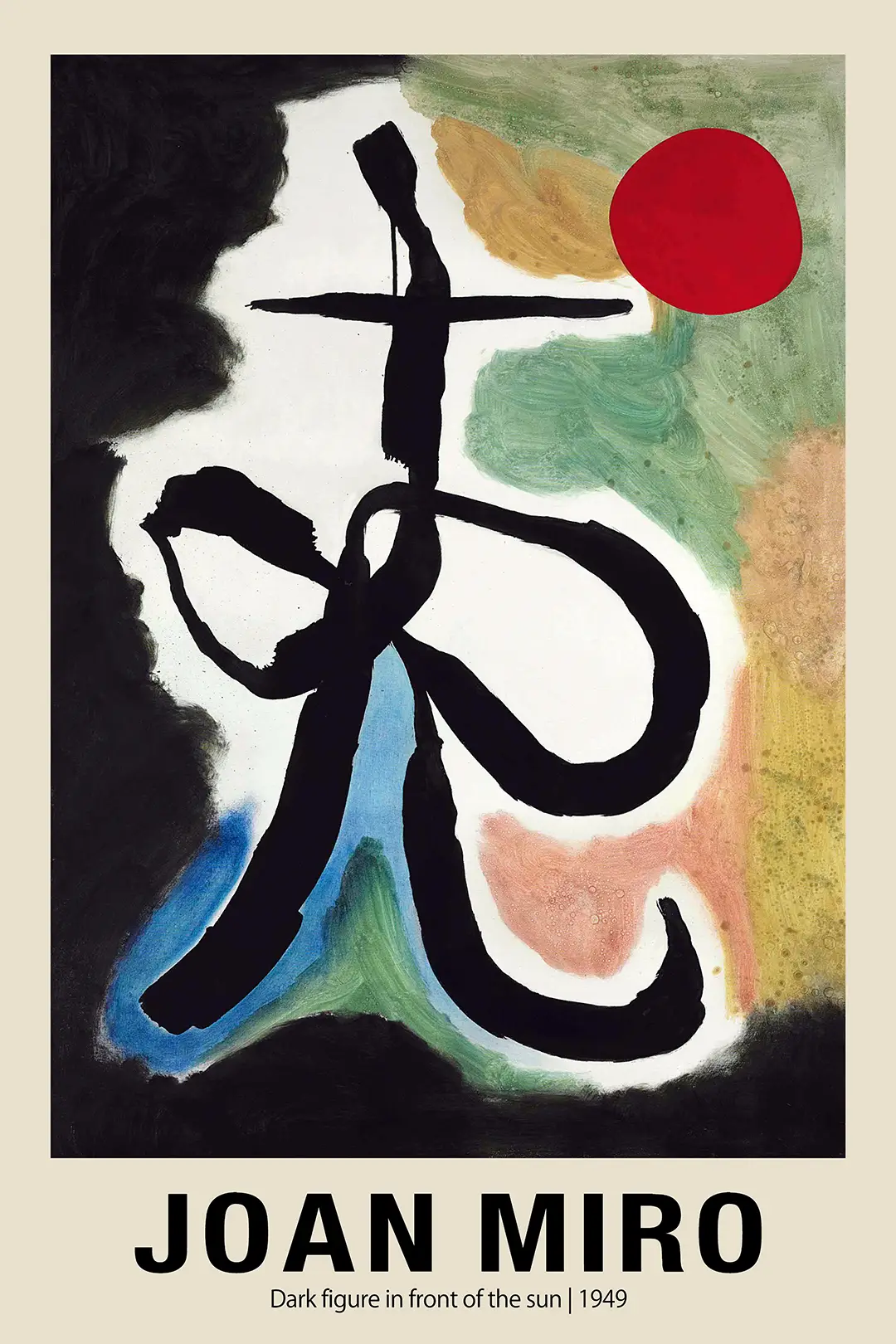 Authentic Joan Miro Art Print - Dark Figure In Front Of The Sun 1949 Decor Joan Miro Art Print Featuring A Large Black Calligraphic Figure And A Red Sun Circle Against A Multi-Colored Background.